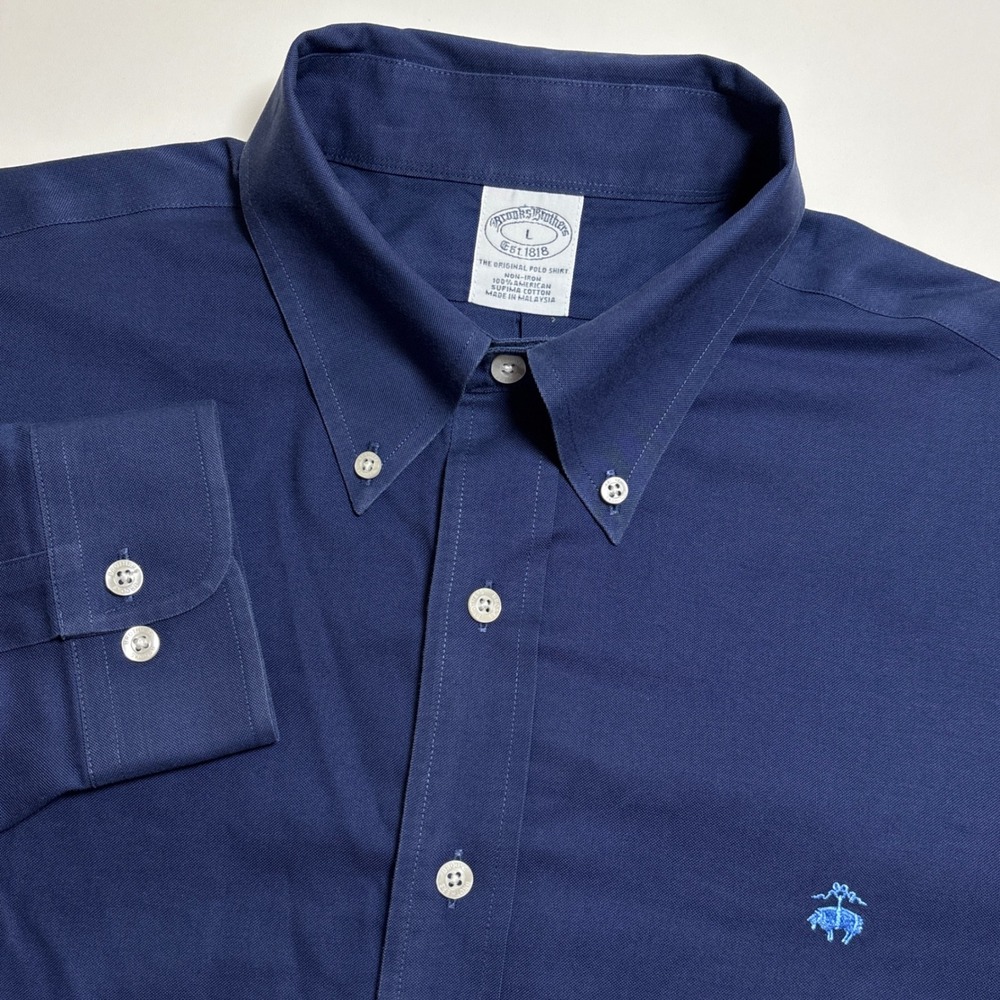 Brooks Brothers Navy Blue Oxford Mens L Non-Iron Supima Cotton Button Down Shirt